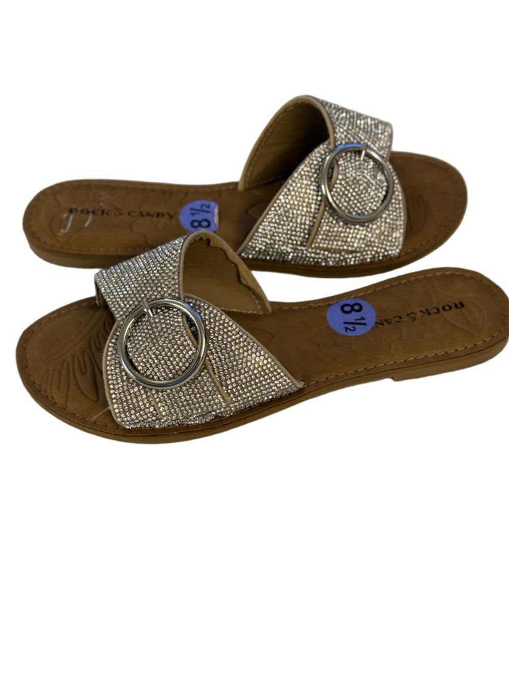 Rock & Candy Silver Crystal Buckle Slide Sandals with Brown Footbed